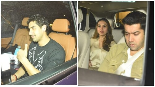Ayan Mukerji and Rohit Dhawan with wife at Karan Johar's house. (Varinder Chawla) Ayan Mukerji and Rohit Dhawan with wife at Karan Johar's house. (Varinder Chawla)
