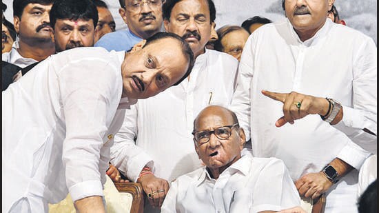 Mumbai, India - May 02, 2023: NCP leaders, workers, supporters of Sharad Pawar protest in solidarity against his resignation as party president urging him to reconsider his decision, at Y.B. Chavan Centre, Nariman Point, in Mumbai, India, on Tuesday, May 02, 2023. (Photo by Bhushan Koyande/HT Photo) (HT PHOTO)