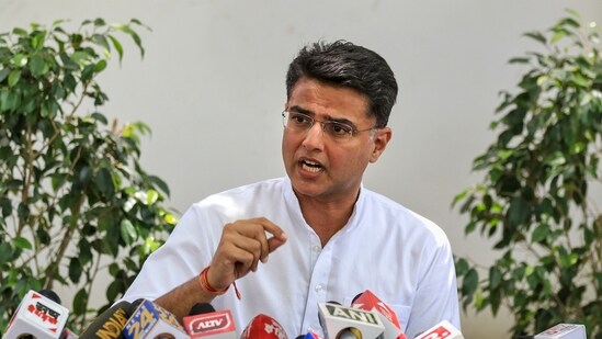 Jaipur: Congress leader Sachin Pilot addresses a press conference at his residence, in Jaipur, Tuesday, May 9, 2023. (PTI)