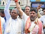 Karnataka Congress chief DK Shivakumar along with Leader of the Opposition of the Karnataka Legislative Assembly and former state Chief Minister Siddaramaiah.(ANI)