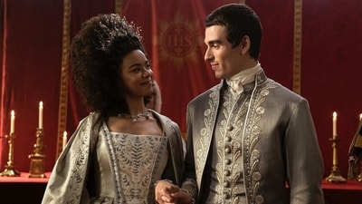 India Amarteifio and Corey Mylchreest star as Queen Charlotte and King George III.
