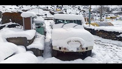 A thick layer of snow covered a vehicle after a fresh snowfall in Lahaul-Spiti district on Tuesday. (ANI) A thick layer of snow covered a vehicle after a fresh snowfall in Lahaul-Spiti district on Tuesday. (ANI)
