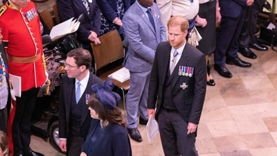 Prince Harry leaves alone after The King and Queen Consort depart Westminster Abbey, in London, United Kingdom. (Reuters)