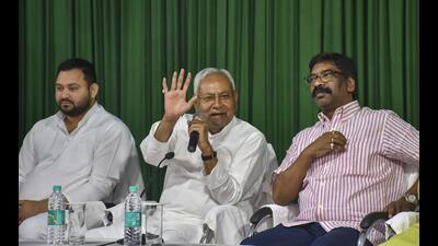 Bihar chief minister Nitish Kumar with his Jharkhand cointerpart Hemant Soren and deputy chief minister Tejashwi Prasad Yadav in Ranchi on Wednesday. (PTI) Bihar chief minister Nitish Kumar with his Jharkhand cointerpart Hemant Soren and deputy chief minister Tejashwi Prasad Yadav in Ranchi on Wednesday. (PTI)