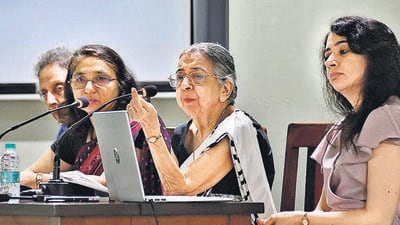 Mumbai, India - May 10, 2023: Research scholar Professor Aban Zarir Sethna delivers her lecture on “Khan Bahadur Muncherji C. Murzban - Unsung 'Native' Architect of Bombay, 1839-1917”, during the Gulestan and Rustom Billimoria Memorial Lecture, organised by K.R. Cama Oriental Institute, at Dr. Sir J.J. Modi Memorial Hall, Fort, in Mumbai, India, on Wednesday, May 10, 2023. (Photo by Bhushan Koyande/HT Photo) (HT PHOTO) Mumbai, India - May 10, 2023: Research scholar Professor Aban Zarir Sethna delivers her lecture on “Khan Bahadur Muncherji C. Murzban - Unsung 'Native' Architect of Bombay, 1839-1917”, during the Gulestan and Rustom Billimoria Memorial Lecture, organised by K.R. Cama Oriental Institute, at Dr. Sir J.J. Modi Memorial Hall, Fort, in Mumbai, India, on Wednesday, May 10, 2023. (Photo by Bhushan Koyande/HT Photo) (HT PHOTO)