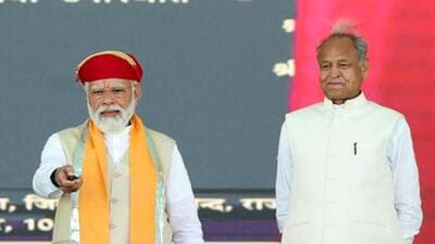 PM Narendra Modi and Rajasthan chief minister Ashok Gehlot at an event on Wednesday (PTI) PM Narendra Modi and Rajasthan chief minister Ashok Gehlot at an event on Wednesday (PTI)