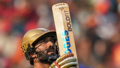 Royal Challengers Bangalore batter Dinesh Karthik reacts after his dismissal (PTI) Royal Challengers Bangalore batter Dinesh Karthik reacts after his dismissal (PTI)