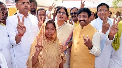 Apna Dal (Sonelal) candidate Rinki Singh Koil shows victory sign after filing her nomination for Chhanbey Assembly seat bypoll, in the presence of Union minister and Apna Dal (Sonelal) National President Anupriya Patel and Uttar Pradesh Cabinet Minister, Nand Gopal Gupta, in Mirzapur on April 20. (PTI) Apna Dal (Sonelal) candidate Rinki Singh Koil shows victory sign after filing her nomination for Chhanbey Assembly seat bypoll, in the presence of Union minister and Apna Dal (Sonelal) National President Anupriya Patel and Uttar Pradesh Cabinet Minister, Nand Gopal Gupta, in Mirzapur on April 20. (PTI)