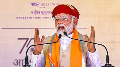 Prime Minister Narendra Modi addresses during a programme to lay foundation stone and dedicate various projects, in Nathdwara, Rajasthan. (PTI)
