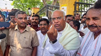 Congress President Mallikarjun Kharge after casting his vote for Karnataka Assembly elections at a polling station in Kalaburagi on Wednesday. (PTI) Congress President Mallikarjun Kharge after casting his vote for Karnataka Assembly elections at a polling station in Kalaburagi on Wednesday. (PTI)
