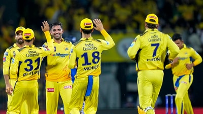 Chennai: Chennai Super Kings bowler Deepak Chahar celebrates with teammates the wicket of Delhi Capitals batter David Warner during the IPL 2023 cricket match between Chennai Super Kings and Delhi Capitals, at M. A. Chidambaram Stadium in Chennai, Wednesday, May 10, 2023. (PTI Photo/R Senthil Kumar)(PTI05_10_2023_000342B) (PTI) Chennai: Chennai Super Kings bowler Deepak Chahar celebrates with teammates the wicket of Delhi Capitals batter David Warner during the IPL 2023 cricket match between Chennai Super Kings and Delhi Capitals, at M. A. Chidambaram Stadium in Chennai, Wednesday, May 10, 2023. (PTI Photo/R Senthil Kumar)(PTI05_10_2023_000342B) (PTI)
