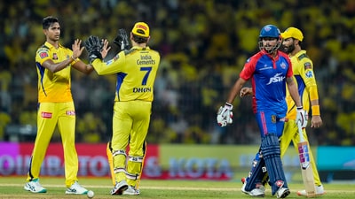 Chennai Super Kings bowler Matheesha Pathirana celebrates with teammate MS Dhoni the wicket of Delhi Capitals batter Manish Pandey (PTI) Chennai Super Kings bowler Matheesha Pathirana celebrates with teammate MS Dhoni the wicket of Delhi Capitals batter Manish Pandey (PTI)