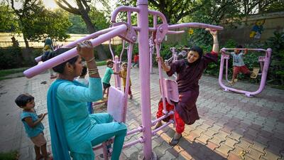 Women and children at a Pink Park near Ranjit Singh Flyover, Ramlila Maidan in New Delhi on Wednesday. (Sanchit Khanna/HT Photo) Women and children at a Pink Park near Ranjit Singh Flyover, Ramlila Maidan in New Delhi on Wednesday. (Sanchit Khanna/HT Photo)
