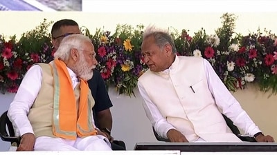 Prime Minister Narendra Modi interacts with Rajasthan Chief Minister Ashok Gehlot at the inauguration, dedication and stone-laying foundation ceremony of several projects, in Nathdwara on Wednesday. (ANI) Prime Minister Narendra Modi interacts with Rajasthan Chief Minister Ashok Gehlot at the inauguration, dedication and stone-laying foundation ceremony of several projects, in Nathdwara on Wednesday. (ANI)