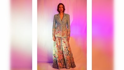 Aditi Rao Hydari's outfit comes with a blazer and flared pants featuring floral prints. (Instagram/@aditiraohydari) Aditi Rao Hydari's outfit comes with a blazer and flared pants featuring floral prints. (Instagram/@aditiraohydari)