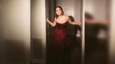 Nushrratt Bharuccha woke up and chose glam as she promotes her film Chatrapati in a maroon dramatic skirt and corset top. (Instagram/@nushrrattbharuccha) Nushrratt Bharuccha woke up and chose glam as she promotes her film Chatrapati in a maroon dramatic skirt and corset top. (Instagram/@nushrrattbharuccha)