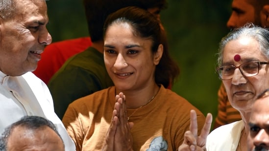 Wrestler Vinesh Phogat during their ongoing protest against the alleged sexual harassment of players by WFI chief Brij Bhushan Sharan Singh at Jantar Mantar in New Delhi on Wednesday. (ANI)