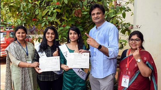 Former Indian cricketer Javagal Srinath after casting his vote for the Karnataka assembly elections at a polling station in Mysuru on Wednesday. (Twitter/ECISVEEP)