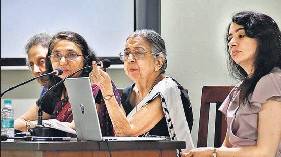 Mumbai, India - May 10, 2023: Research scholar Professor Aban Zarir Sethna delivers her lecture on “Khan Bahadur Muncherji C. Murzban - Unsung 'Native' Architect of Bombay, 1839-1917”, during the Gulestan and Rustom Billimoria Memorial Lecture, organised by K.R. Cama Oriental Institute, at Dr. Sir J.J. Modi Memorial Hall, Fort, in Mumbai, India, on Wednesday, May 10, 2023. (Photo by Bhushan Koyande/HT Photo) (HT PHOTO)