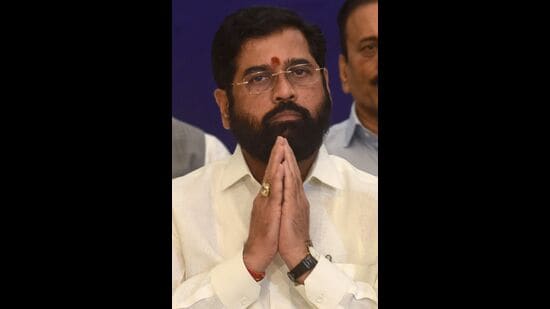 Shiv Sena party leader Eknath Shinde gestures after taking oath as Chief Minister of Maharashtra state in Mumbai on June 30, 2022. (Photo by AFP) (AFP)