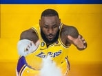 San Francisco, California, USA; Los Angeles Lakers forward LeBron James (6) tosses talcum powder before game five of the 2023 NBA playoffs conference semifinals round against the Golden State Warriors at Chase Center. Mandatory Credit: Kyle Terada-USA TODAY Sports