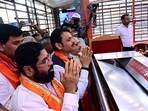 Maharashtra chief minister Eknath Shinde with deputy chief minister Devendra Fadnavis offered prayers at Ram Lalla Temple in Ayodhya on Sunday (Eknath Shinde Twitter/ANI) Maharashtra chief minister Eknath Shinde with deputy chief minister Devendra Fadnavis offered prayers at Ram Lalla Temple in Ayodhya on Sunday (Eknath Shinde Twitter/ANI)