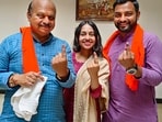 Chief Minister Basavaraj Bommai with his family after casting vote for Karnataka Assembly elections, in Shiggaon on Wednesday.(PTI)