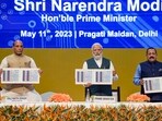 Prime Minister Narendra Modi with Defence Minister Rajnath Singh and Science and Technology Minister Jitendra Singh releases commemorative stamp during the National Technology Day function at Pragati Maidan in New Delhi. Prime Minister Narendra Modi with Defence Minister Rajnath Singh and Science and Technology Minister Jitendra Singh releases commemorative stamp during the National Technology Day function at Pragati Maidan in New Delhi.