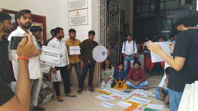 AISA activists staging protest on the LU campus on Thursday. (HTPhoto) AISA activists staging protest on the LU campus on Thursday. (HTPhoto)