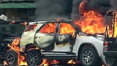 Several vehicles are in flames in the centre of Milan in northern Italy after an explosion (ANI)