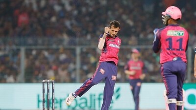 Kolkata, May 11 (ANI): Rajasthan Royals' Yuzvendra Chahal celebrates a wicket against Kolkata Knight Riders during the Indian Premier League 2023, at Eden Gardens, in Kolkata on Thursday. (ANI photo/Digital Restriction) (IPL Twitter) Kolkata, May 11 (ANI): Rajasthan Royals' Yuzvendra Chahal celebrates a wicket against Kolkata Knight Riders during the Indian Premier League 2023, at Eden Gardens, in Kolkata on Thursday. (ANI photo/Digital Restriction) (IPL Twitter)