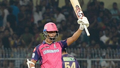 Kolkata, May 11 (ANI): Rajasthan Royals' Yashasvi Jaiswal raises his bat after hitting the fastest fifty of IPL against Kolkata Knight Riders during the Indian Premier League 2023, at Eden Gardens, in Kolkata on Thursday. (ANI photo) (Sudipta Banerjee) Kolkata, May 11 (ANI): Rajasthan Royals' Yashasvi Jaiswal raises his bat after hitting the fastest fifty of IPL against Kolkata Knight Riders during the Indian Premier League 2023, at Eden Gardens, in Kolkata on Thursday. (ANI photo) (Sudipta Banerjee)