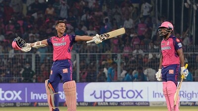 Kolkata, May 11 (ANI): Rajasthan Royals' Yashasvi Jaiswal celebrates after hitting the winning runs in a match against Kolkata Knight Riders in the Indian Premier League 2023, at Eden Gardens, in Kolkata on Thursday. (ANI photo) (Sudipta Banerjee) Kolkata, May 11 (ANI): Rajasthan Royals' Yashasvi Jaiswal celebrates after hitting the winning runs in a match against Kolkata Knight Riders in the Indian Premier League 2023, at Eden Gardens, in Kolkata on Thursday. (ANI photo) (Sudipta Banerjee)
