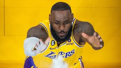 San Francisco, California, USA; Los Angeles Lakers forward LeBron James (6) tosses talcum powder before game five of the 2023 NBA playoffs conference semifinals round against the Golden State Warriors at Chase Center. Mandatory Credit: Kyle Terada-USA TODAY Sports (USA TODAY Sports via Reuters Con)