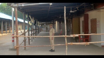 Barricading on the Mandi Parishad campus in Prayagraj. (HT photo)