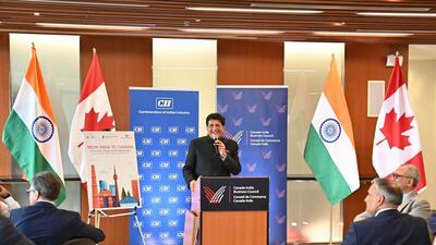 Commerce and Industry Minister Piyush Goyal at a reception organised by the Canada-India Business Council in Toronto on Wednesday. (Piyush Goyal/Twitter) Commerce and Industry Minister Piyush Goyal at a reception organised by the Canada-India Business Council in Toronto on Wednesday. (Piyush Goyal/Twitter)
