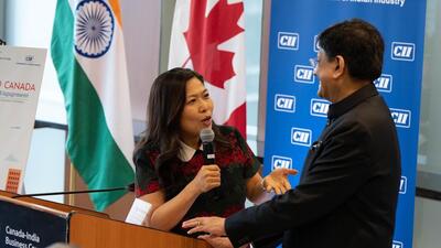 Commerce and Industry Minister Piyush Goyal with Canada’s International Trade Minister Mary Ng at a reception organised by the Canada-India Business Council in Toronto on Wednesday. (Mary Ng/Twitter) Commerce and Industry Minister Piyush Goyal with Canada’s International Trade Minister Mary Ng at a reception organised by the Canada-India Business Council in Toronto on Wednesday. (Mary Ng/Twitter)