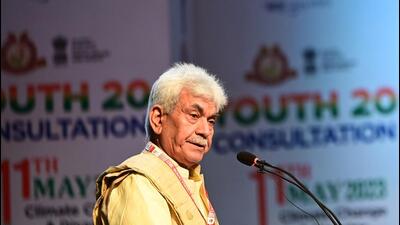 J&K lieutenant governor Manoj Sinha addressing the Y20 conference attended by foreign delegates in Srinagar. (Waseem Andrabi /Hindustan Times) J&K lieutenant governor Manoj Sinha addressing the Y20 conference attended by foreign delegates in Srinagar. (Waseem Andrabi /Hindustan Times)