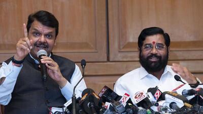 Maharashtra deputy CM Devendra Fadnavis and CM Eknath Shinde address media persons. (HT photo | Anshuman Poyrekar) Maharashtra deputy CM Devendra Fadnavis and CM Eknath Shinde address media persons. (HT photo | Anshuman Poyrekar)