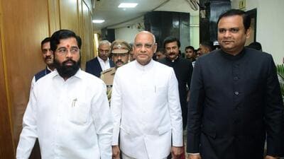 Maharashtra governor Ramesh Bais with chief minister Eknath Shinde and assembly Speaker Rahul Narwekar. (ANI)