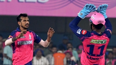 Rajasthan Royals bowler Yuzvendra Chahal celebrates a wicket with Samson (PTI) Rajasthan Royals bowler Yuzvendra Chahal celebrates a wicket with Samson (PTI)