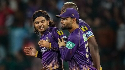 Kolkata Knight Riders' Suyash Sharma with teammates celebrates after the dismissal of Royal Challengers Bangalore batter Suyash S Prabhudessai (PTI)