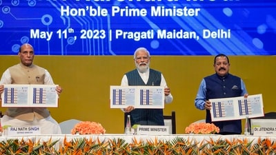 Prime Minister Narendra Modi with Defence Minister Rajnath Singh and Science and Technology Minister Jitendra Singh releases commemorative stamp during the National Technology Day function at Pragati Maidan in New Delhi. (PTI) Prime Minister Narendra Modi with Defence Minister Rajnath Singh and Science and Technology Minister Jitendra Singh releases commemorative stamp during the National Technology Day function at Pragati Maidan in New Delhi. (PTI)