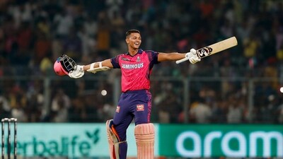 Kolkata: Rajasthan Royals batter Yashasvi Jaiswal celebrates after winning the IPL 2023 cricket match against Kolkata Knight Riders, at Eden Gardens in Kolkata, Thursday, May 11, 2023. Rajasthan Royals won the match by 9 wickets. (Sportzpics for IPL/PTI Photo)(PTI05_11_2023_000376B) (PTI)