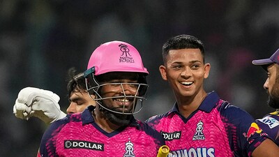 Kolkata: Rajasthan Royals batters Yashasvi Jaiswal and Sanju Samson after winning the IPL 2023 cricket match against Kolkata Knight Riders, at Eden Gardens in Kolkata, Thursday, May 11, 2023. Rajasthan Royals won the match by 9 wickets. (PTI Photo/Swapan Mahapatra)(PTI05_11_2023_000378B) (PTI) Kolkata: Rajasthan Royals batters Yashasvi Jaiswal and Sanju Samson after winning the IPL 2023 cricket match against Kolkata Knight Riders, at Eden Gardens in Kolkata, Thursday, May 11, 2023. Rajasthan Royals won the match by 9 wickets. (PTI Photo/Swapan Mahapatra)(PTI05_11_2023_000378B) (PTI)