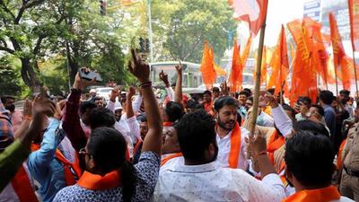 Shiv Sena (Shinde faction) party workers celebrate outside party office at Sarasbaug on Thursday. (Ravindra Joshi/HT PHOTO) Shiv Sena (Shinde faction) party workers celebrate outside party office at Sarasbaug on Thursday. (Ravindra Joshi/HT PHOTO)