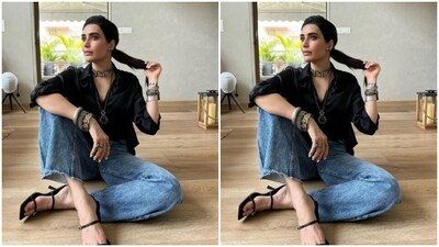 Karishma gave her attire a boho look in multiple oxidised bangles, silver earrings, a neck choker and a silver neck chain. In black stilettos, she aced the look to perfection. (Instagram/@karishmaktanna) Karishma gave her attire a boho look in multiple oxidised bangles, silver earrings, a neck choker and a silver neck chain. In black stilettos, she aced the look to perfection. (Instagram/@karishmaktanna)