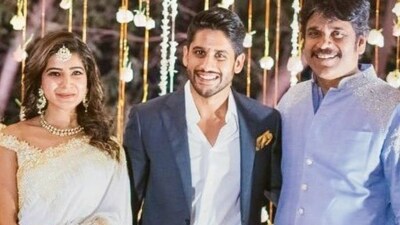 Samantha Ruth Prabhu and Naga Chaitanya with his father Nagarjuna in an old photo. Samantha Ruth Prabhu and Naga Chaitanya with his father Nagarjuna in an old photo.