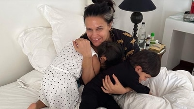Neha Dhupia also shared a photo of herself with Mehr and Guriq from inside a hotel room. Neha Dhupia also shared a photo of herself with Mehr and Guriq from inside a hotel room. 