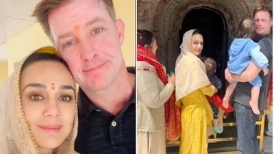 Preity Zinta and Gene Goodenough took their kids to a temple.